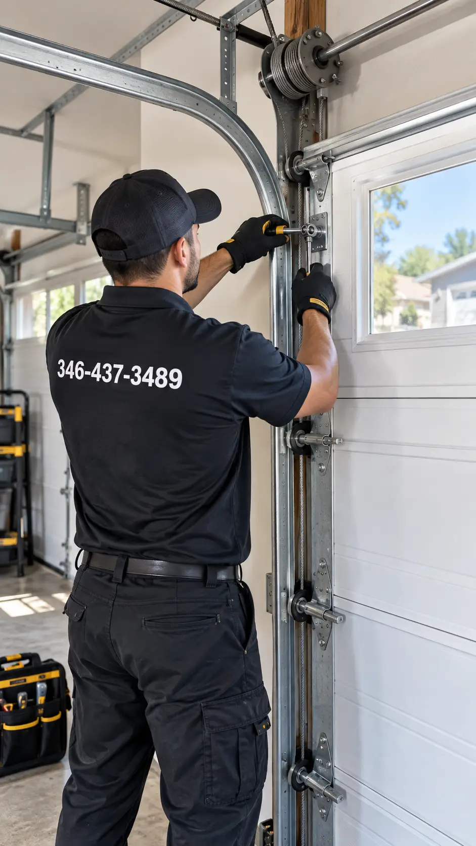 Technician servicing garage door cables and rollers for smooth travel in Hockley TX