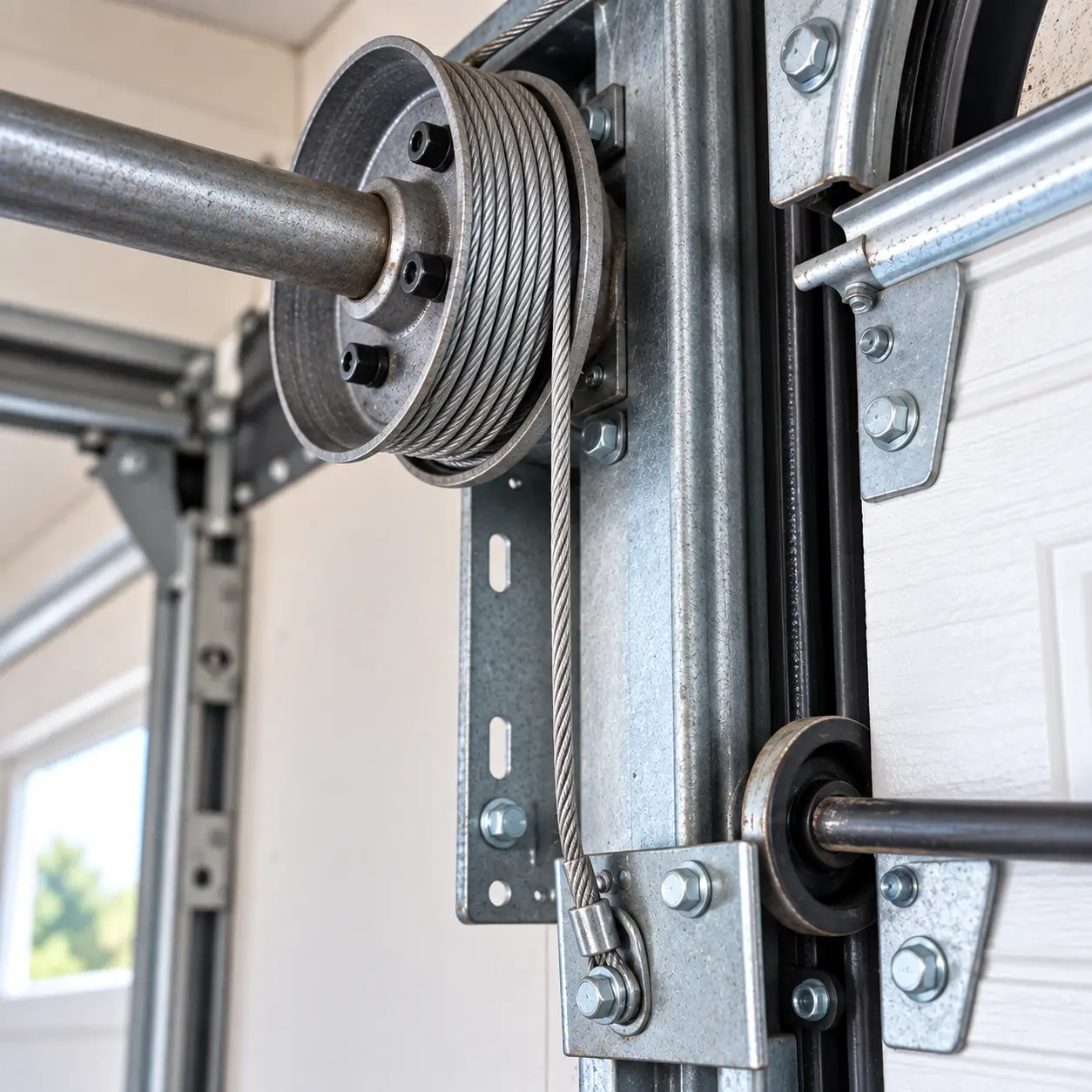 Residential garage door restored and aligned after repair in Hockley TX