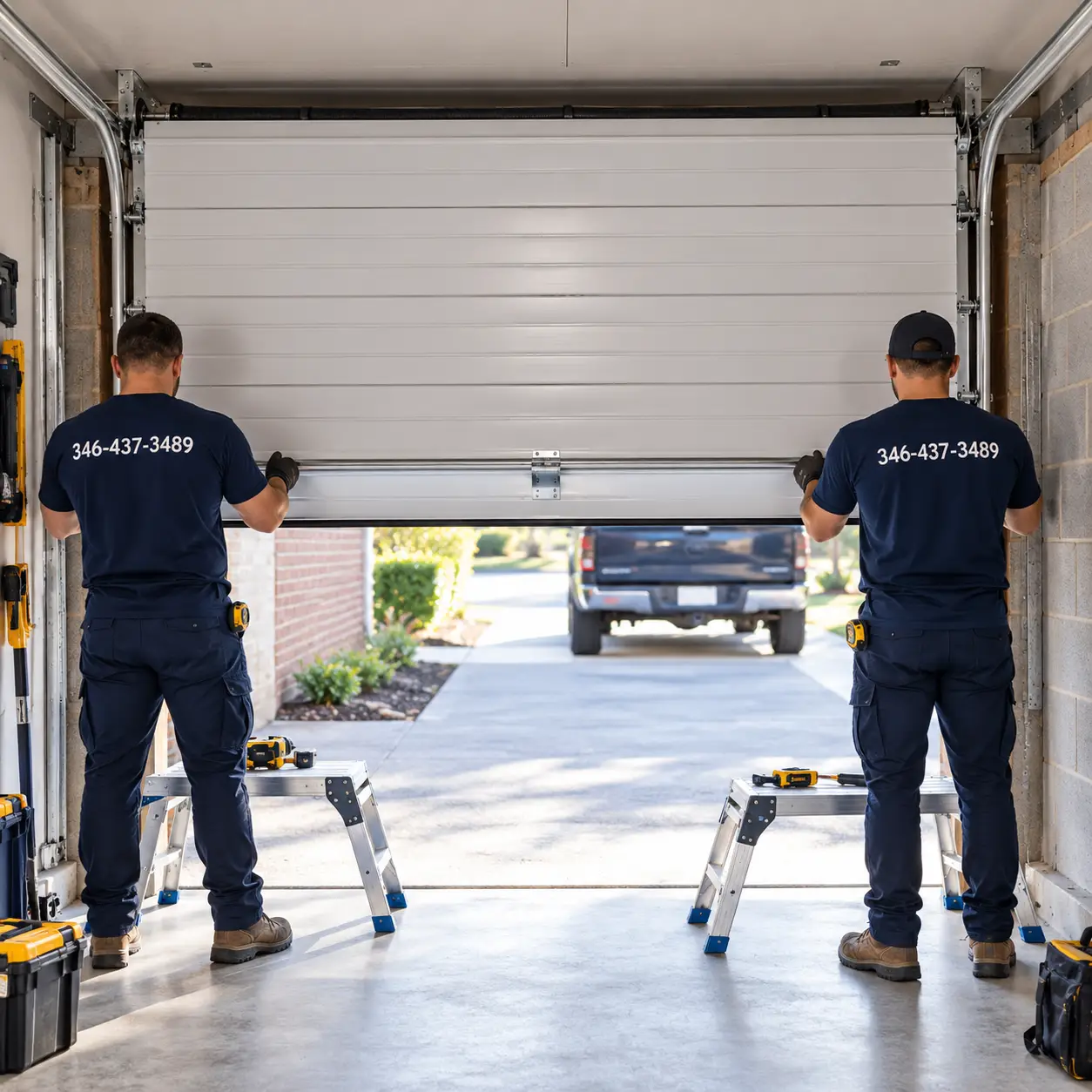 Technician reviewing garage door size material and installation options in Hockley TX