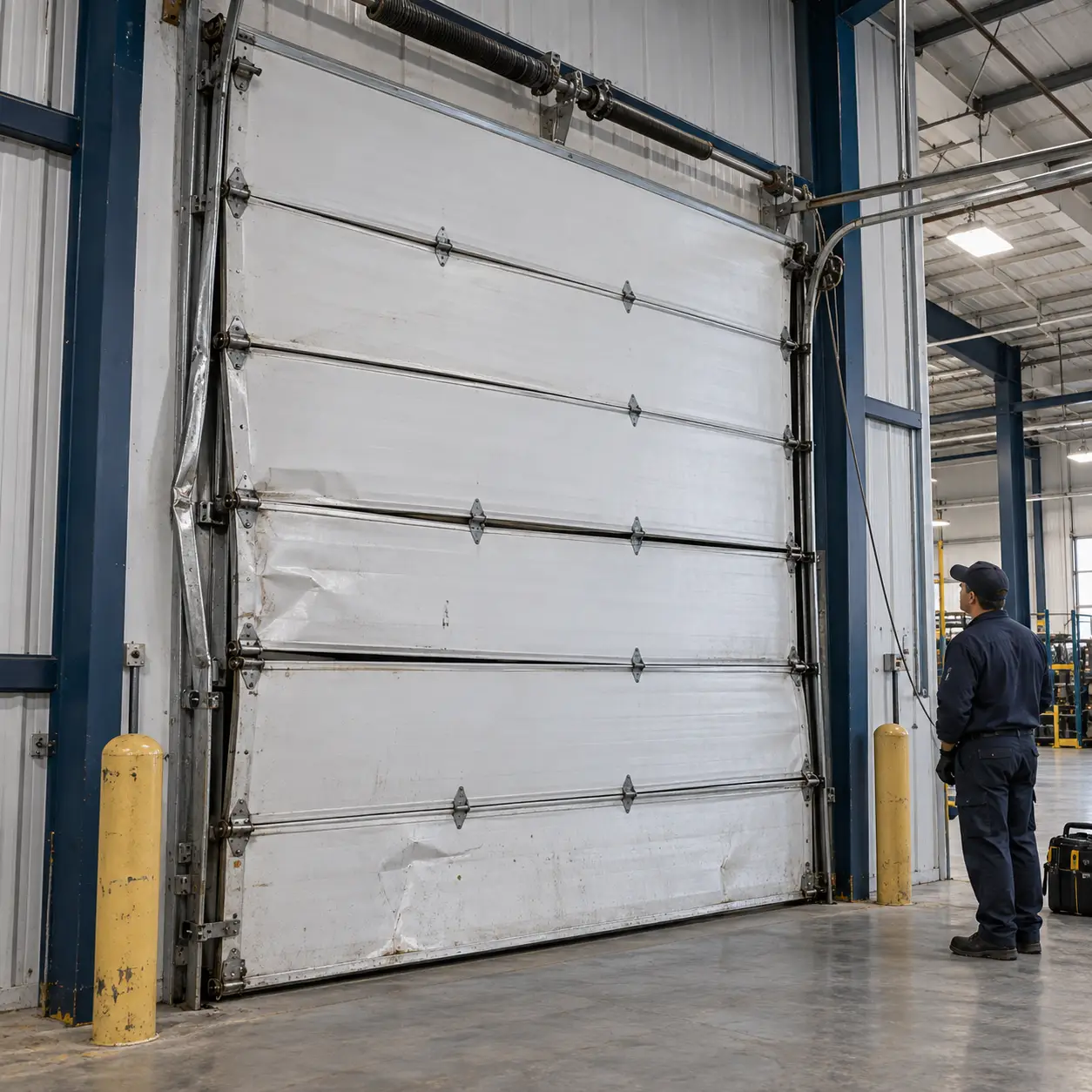 Damaged residential garage door before repair in Hockley TX
