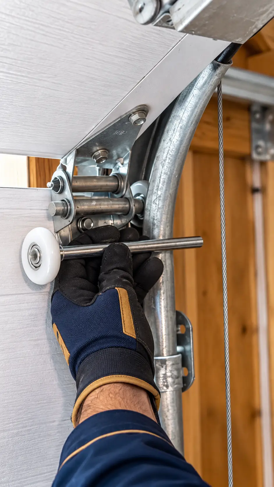 Technician inspecting commercial garage door springs cables rollers tracks and hardware in Hockley TX