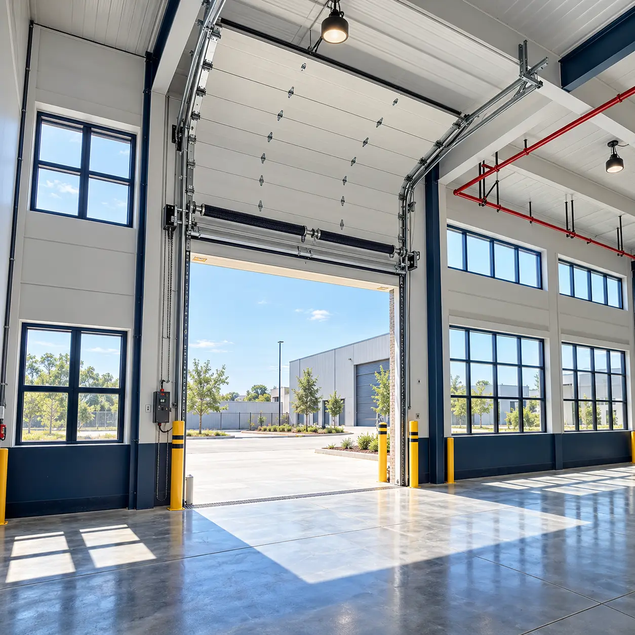 Commercial sectional and rolling garage door configurations at a business facility in Hockley TX