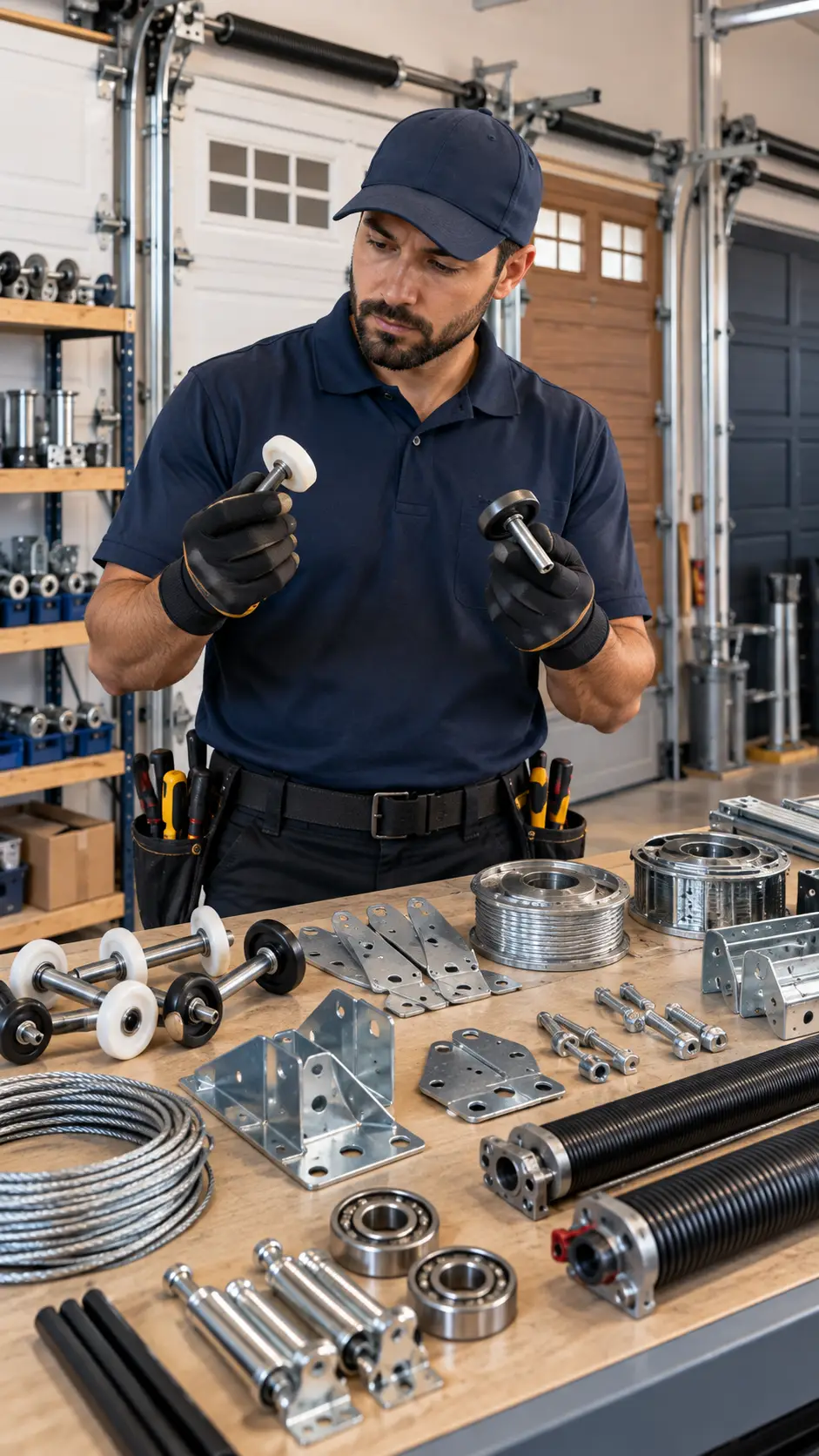 Technician selecting compatible garage door parts for different garage systems in Hockley TX
