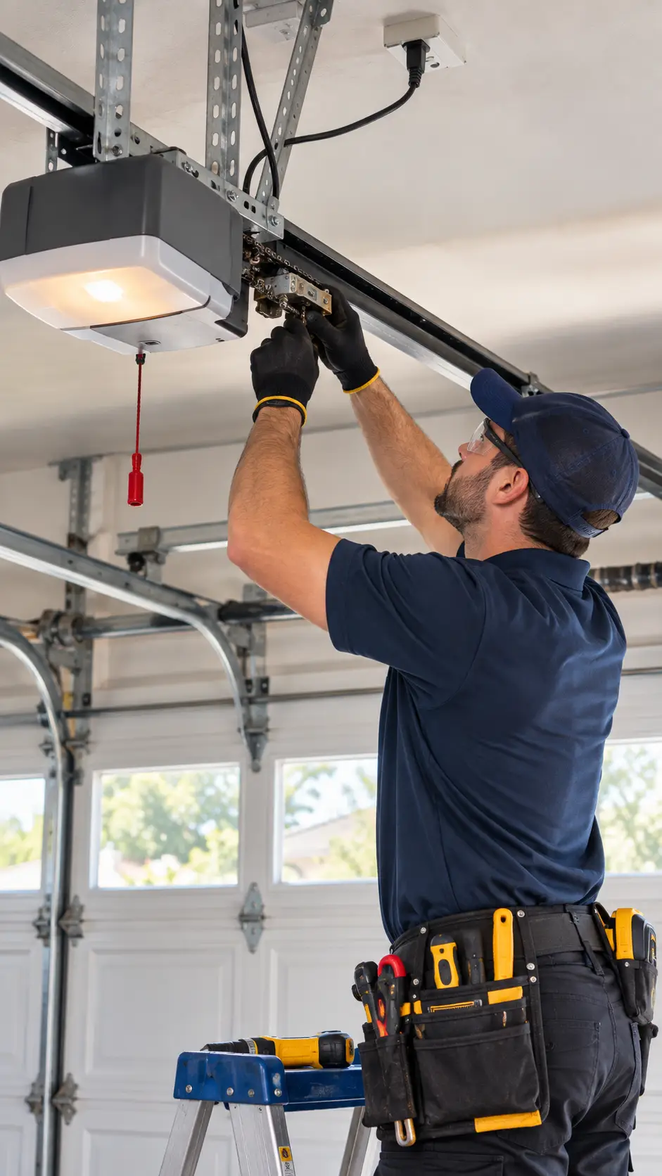 Technician troubleshooting emergency garage door opener and access issues in Hockley TX
