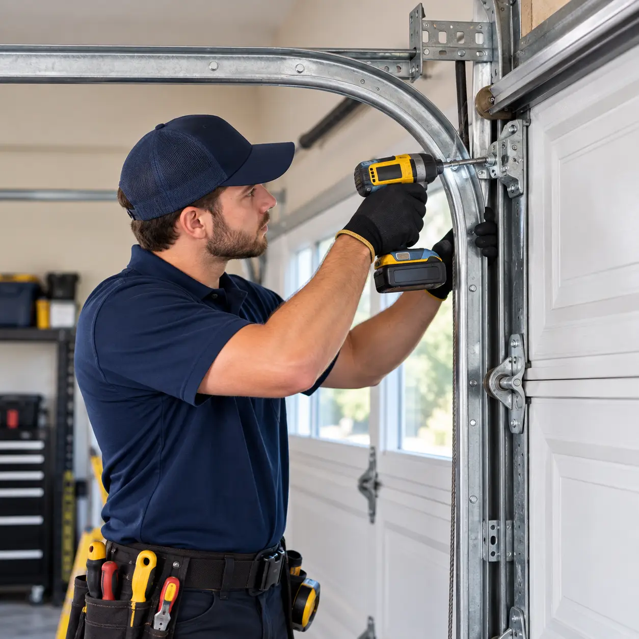 Technician inspecting emergency garage door track cable and movement problems in Hockley TX