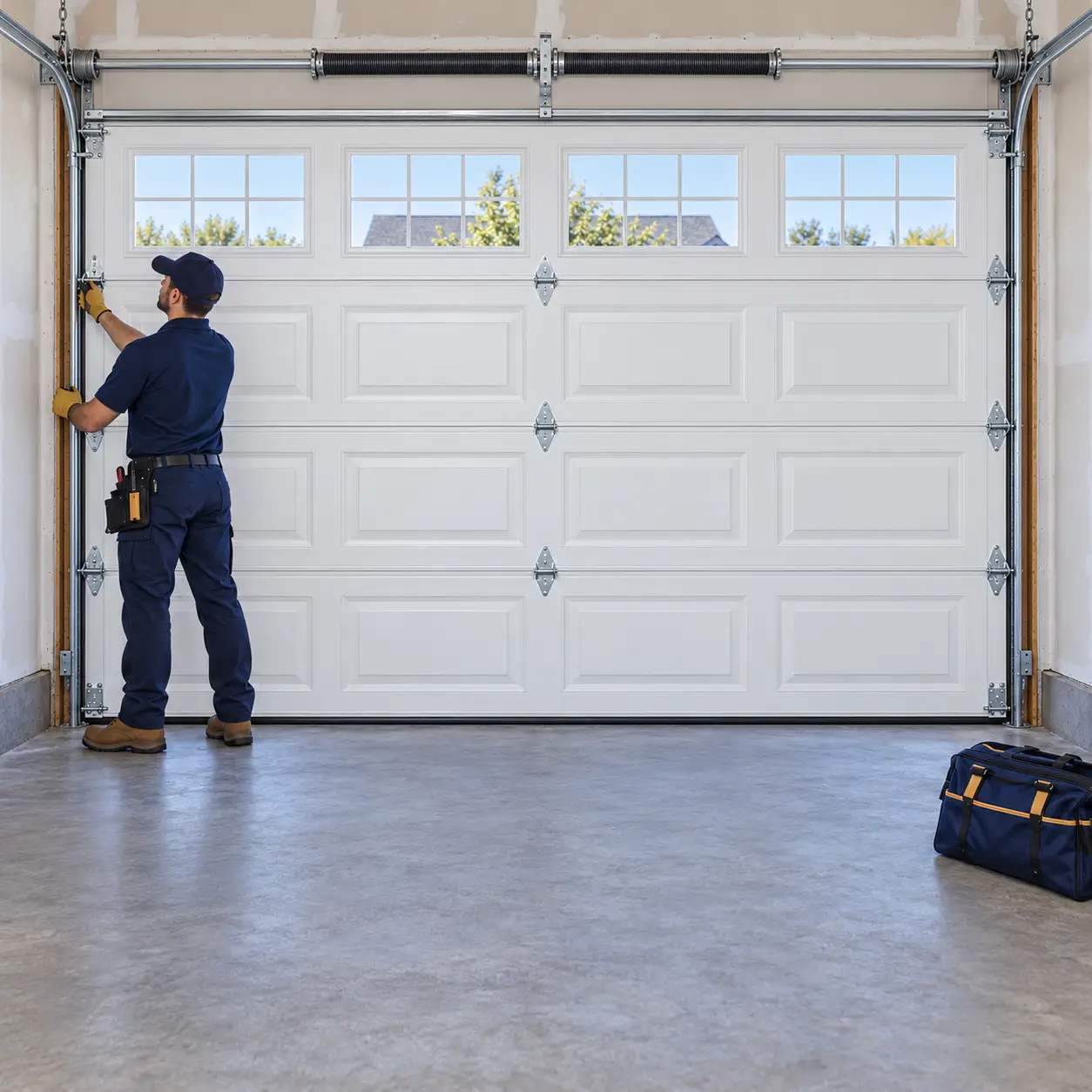 Residential garage door restored and aligned after repair in Hockley TX