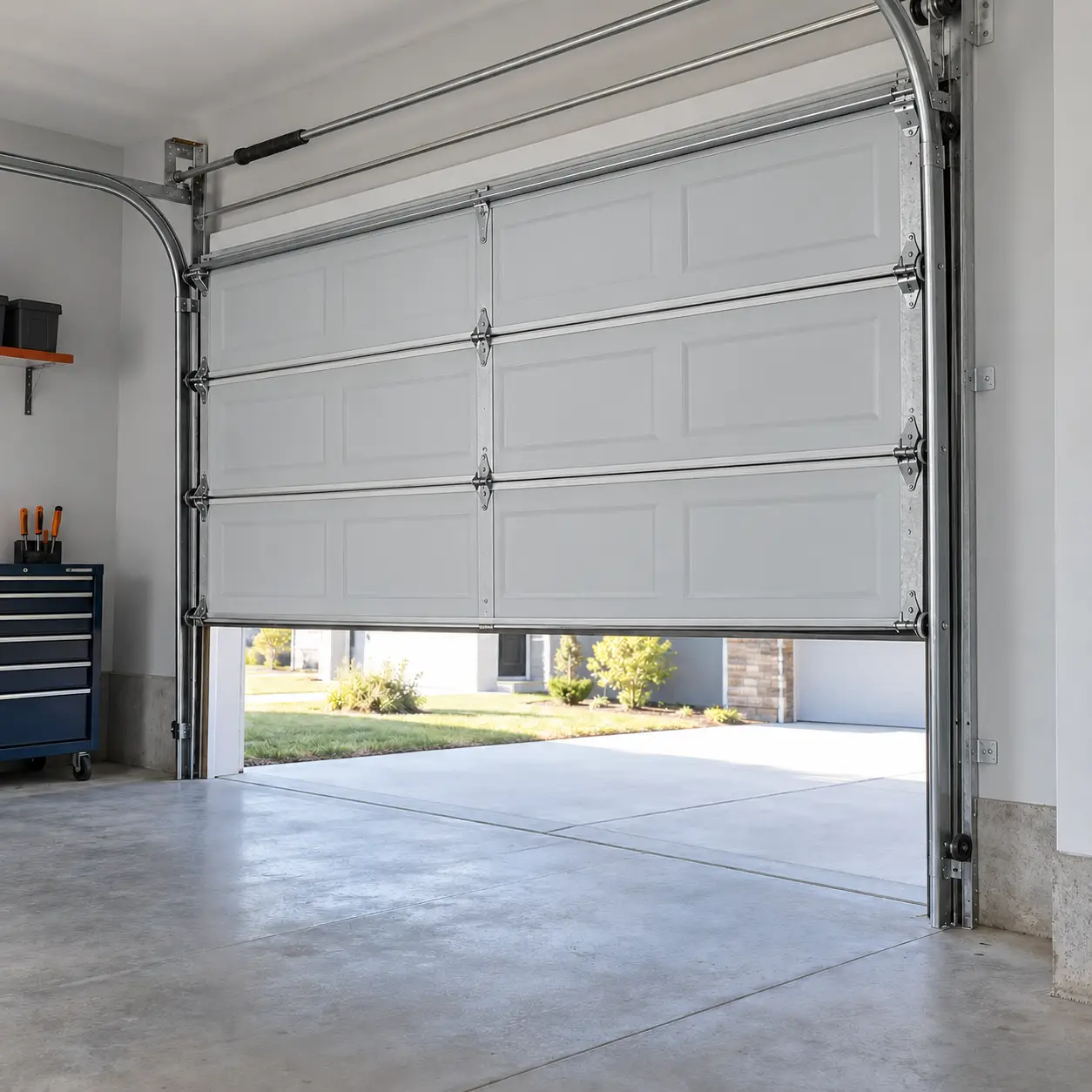Residential garage door restored and aligned after repair in Hockley TX