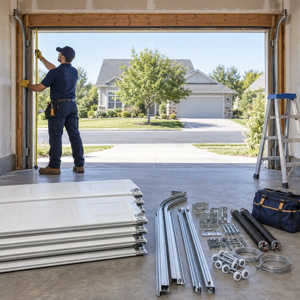 Damaged residential garage door before repair in Hockley TX