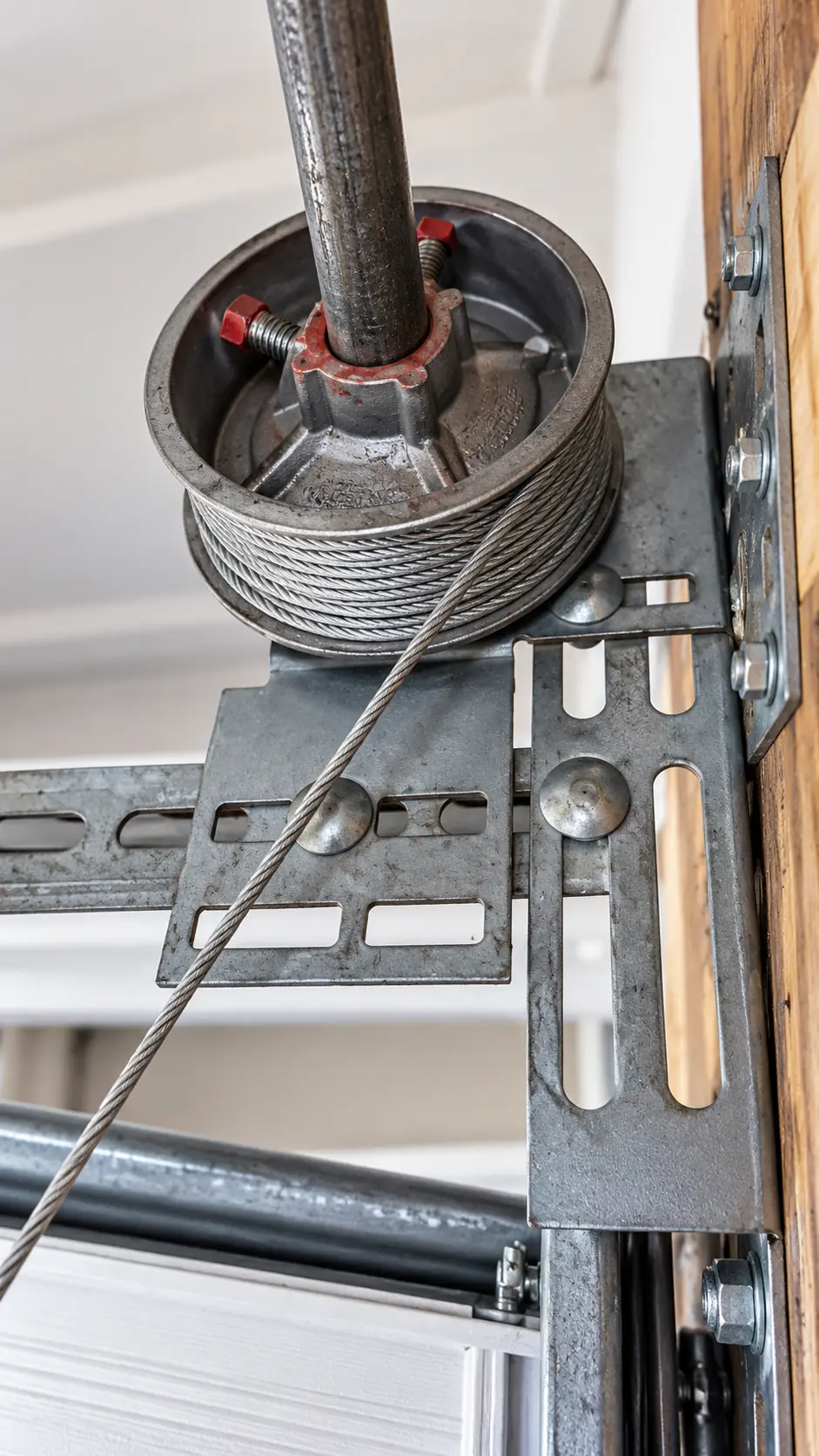 Technician examining garage door cables with springs drums rollers and tracks in Hockley TX
