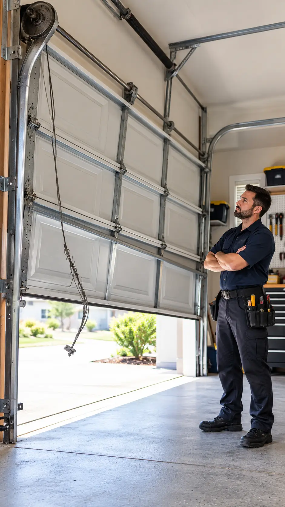 Technician identifying garage door cable problems and related hardware issues in Hockley TX