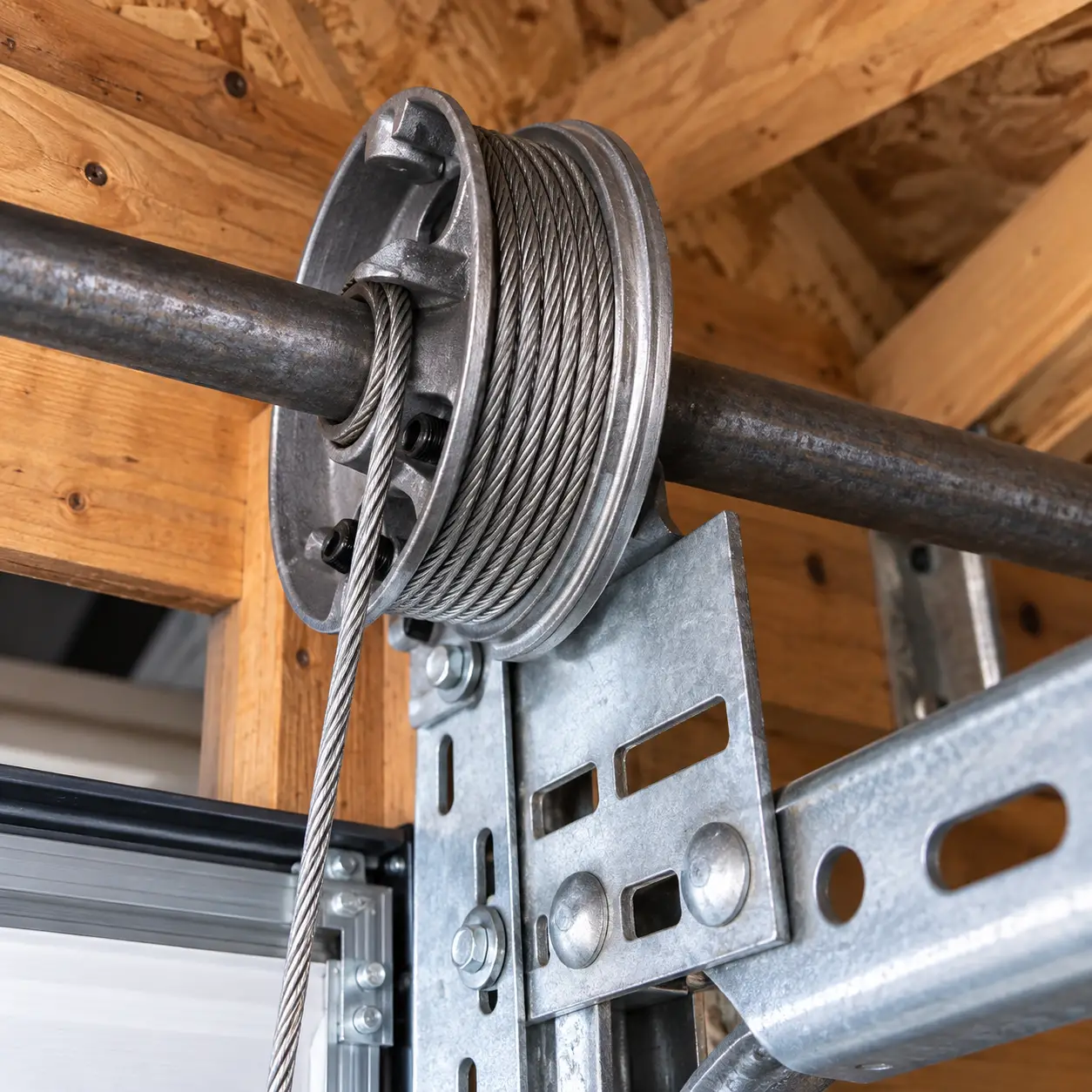 Technician reviewing garage door cable routing drum position and anchor placement in Hockley TX