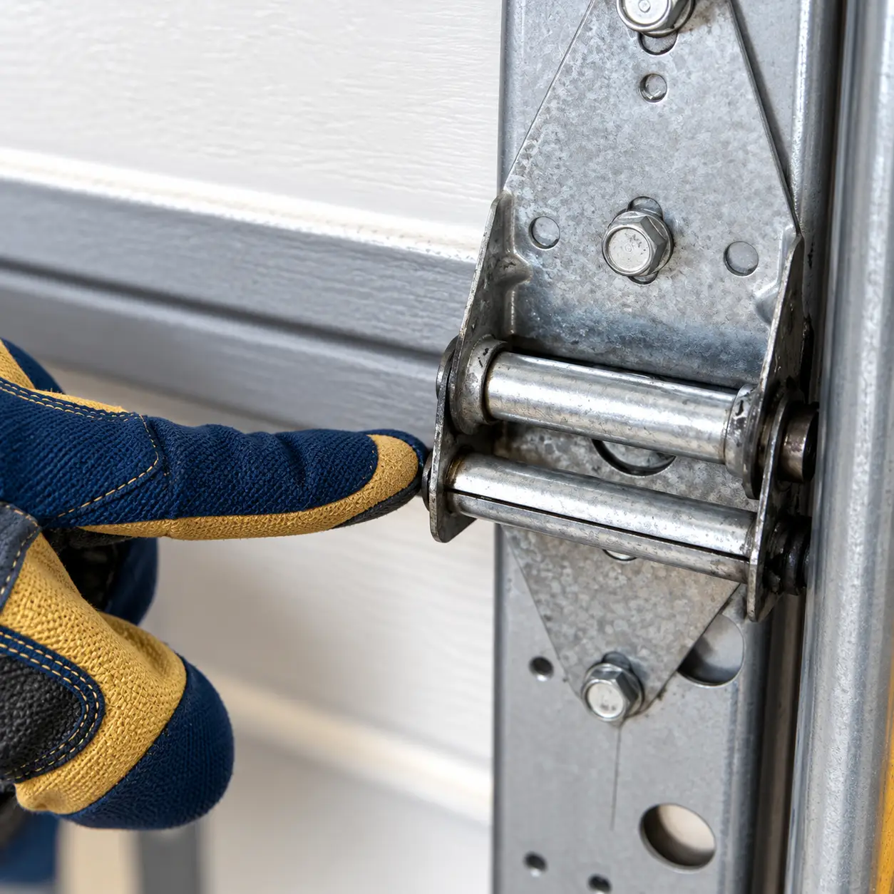 Technician inspecting garage door rollers tracks hinges and panels in Hockley TX