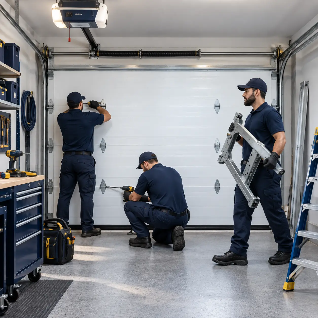 Technician performing final garage door installation adjustments in Hockley TX