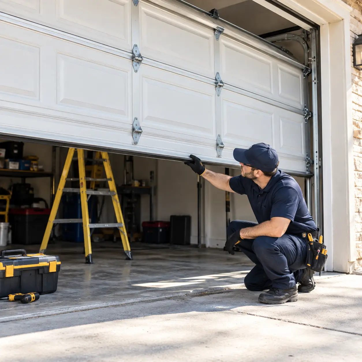 Technician diagnosing a non responsive residential garage door opener in Hockley TX