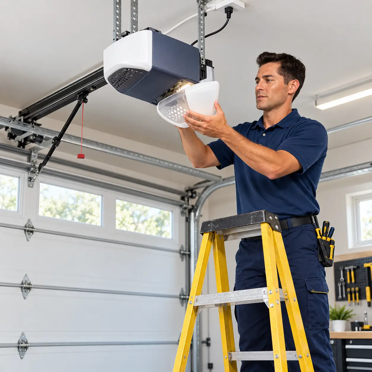 Technician troubleshooting a residential garage door opener in Hockley TX