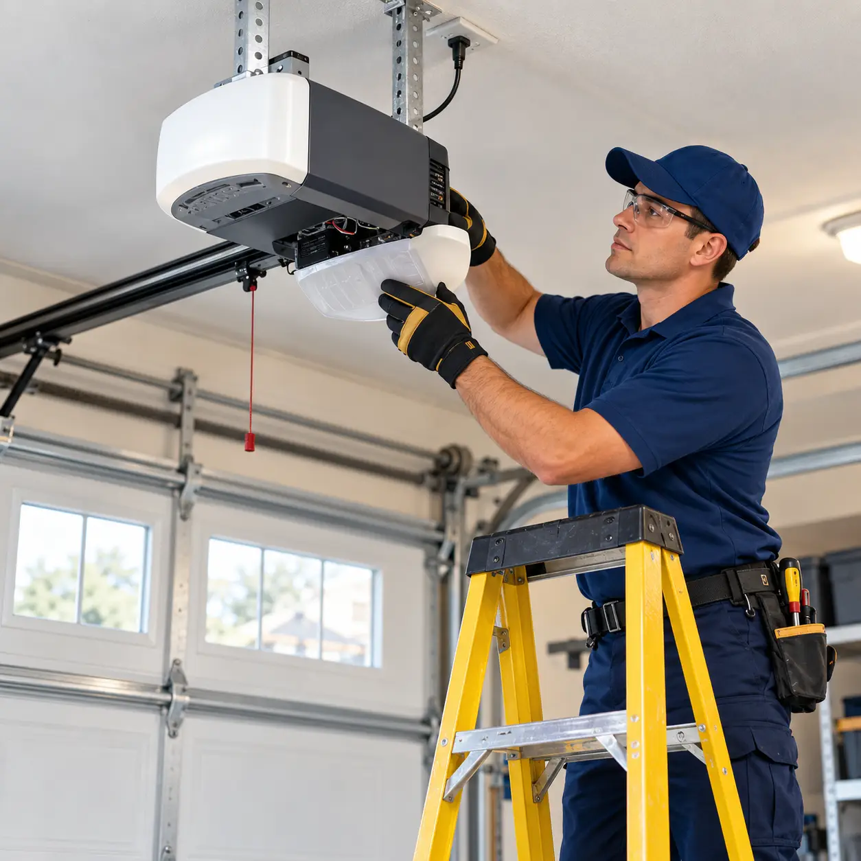 Technician repairing a garage door opener