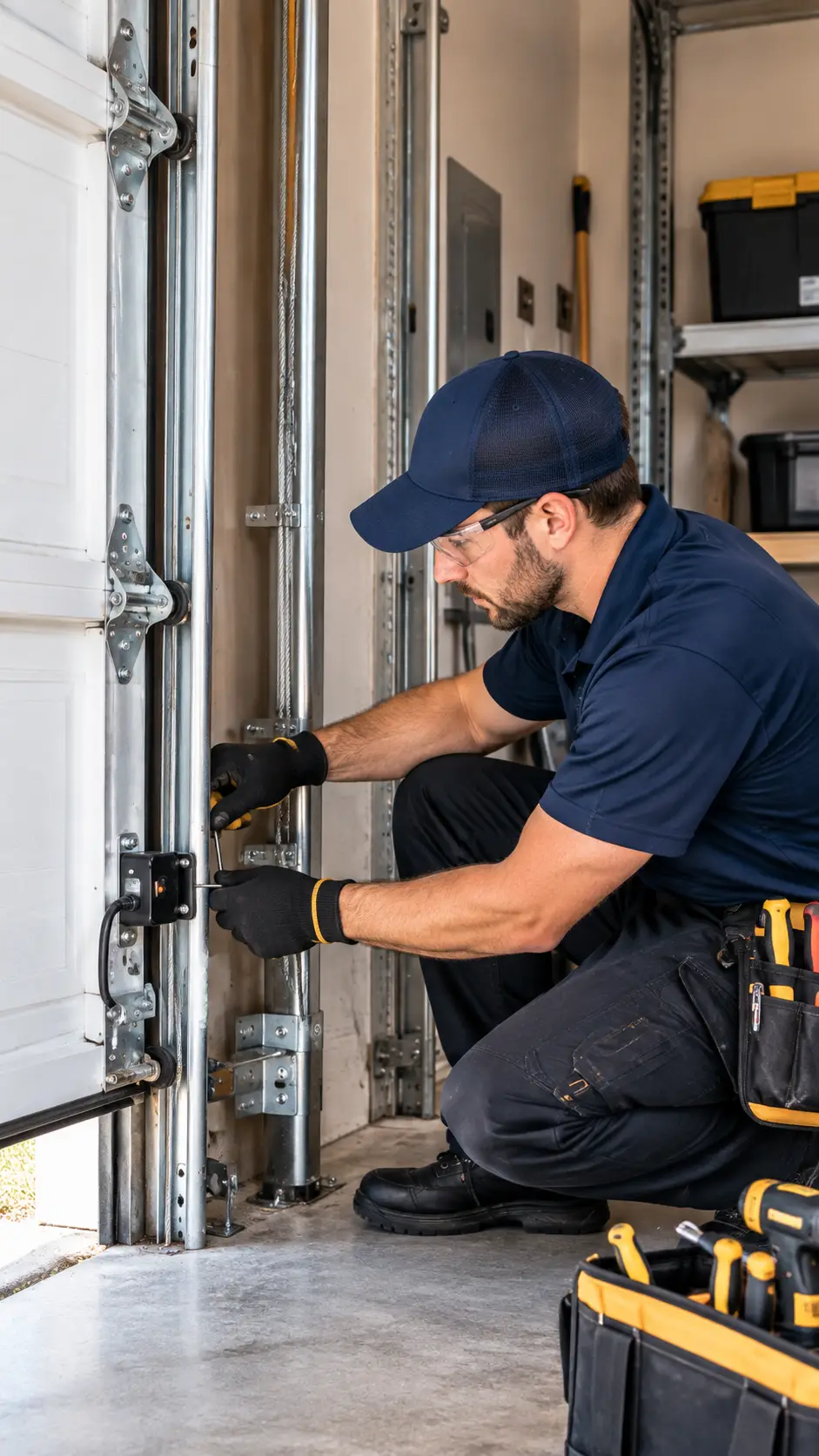 Technician inspecting garage door opener safety sensors and drive parts in Hockley TX