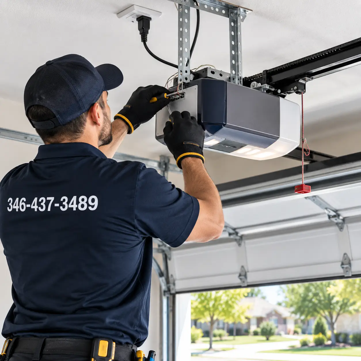 Technician troubleshooting a garage door opener system in Hockley TX