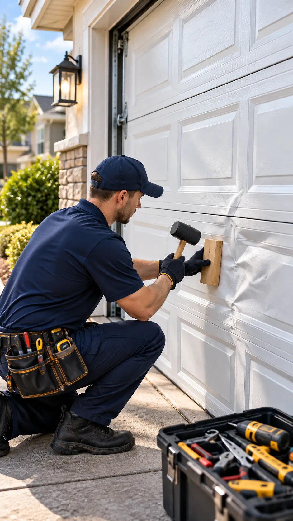 Technician assessing dents cracks bends and alignment across garage door panels in Hockley TX