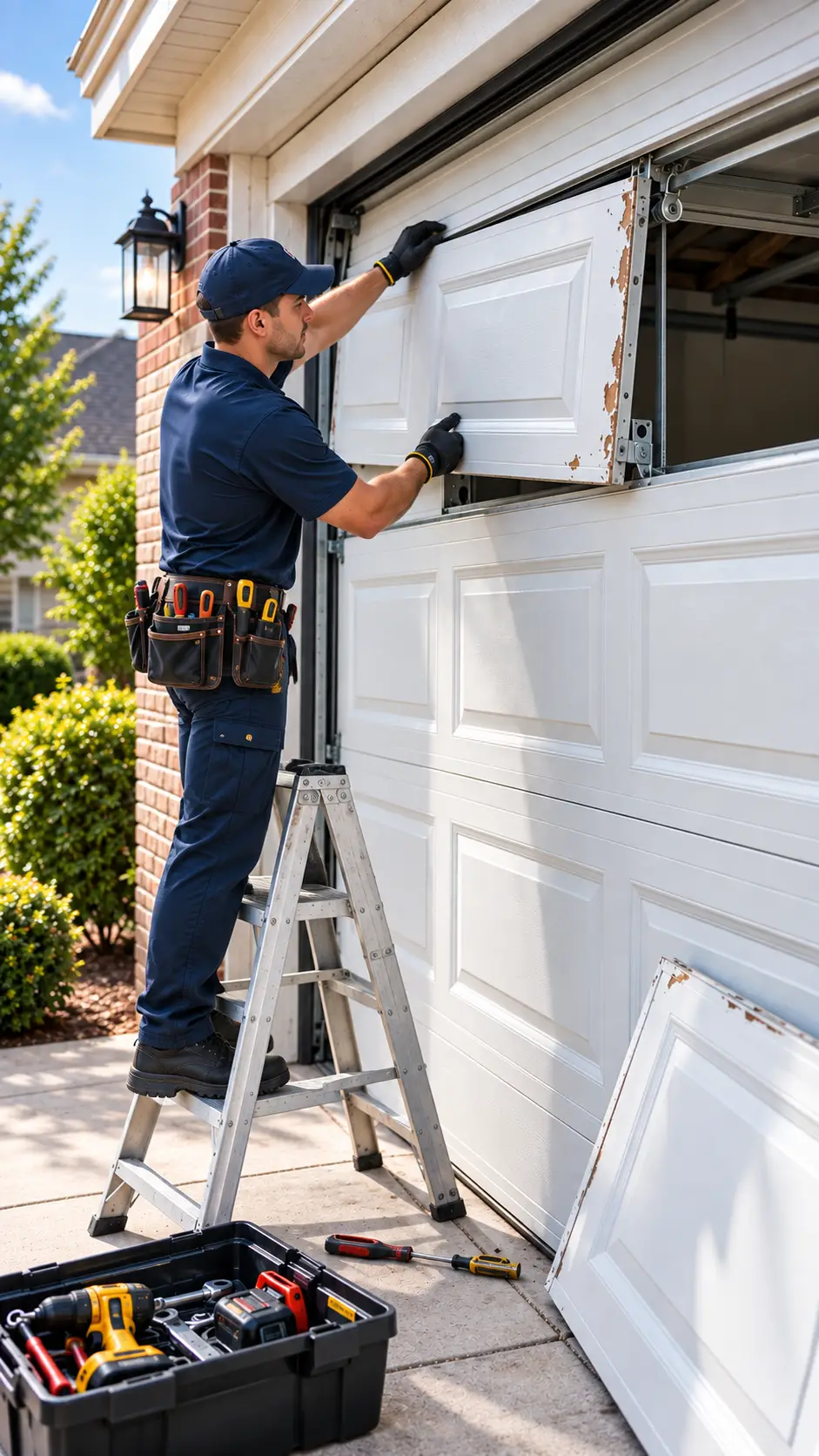 Technician evaluating repair and replacement options for a damaged garage door panel in Hockley TX