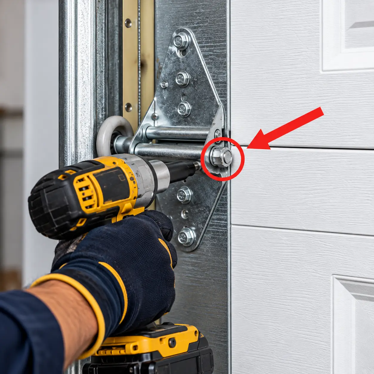 Technician aligning replacement garage door panel hinges and reinforcement in Hockley TX
