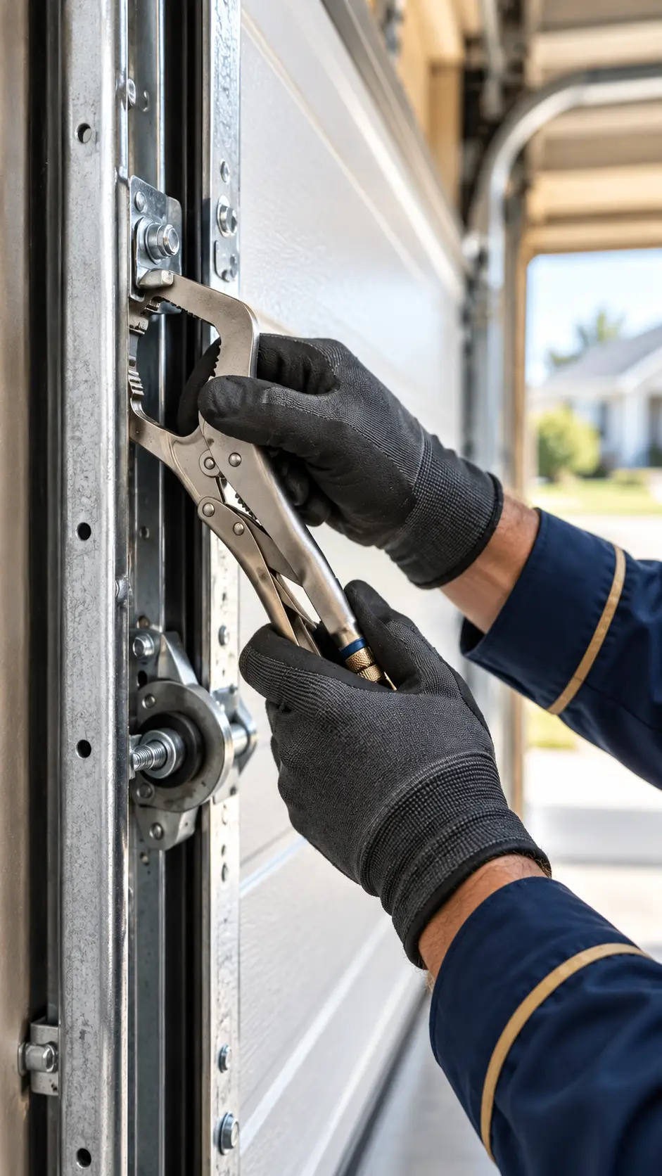 Technician installing garage door panels tracks and supporting hardware in Hockley TX