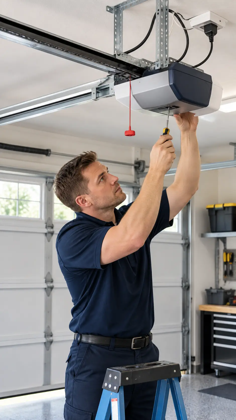 Technician inspecting garage door movement and components in Hockley TX