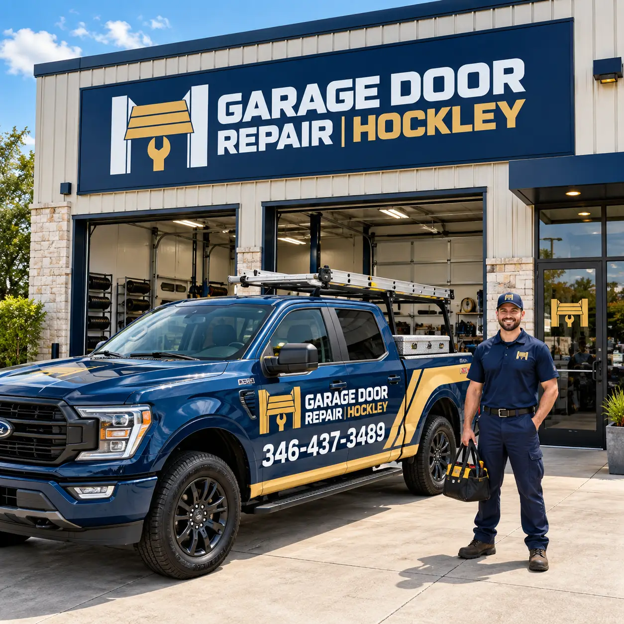 Garage door technician inspecting rollers tracks hinges and panels in Hockley TX
