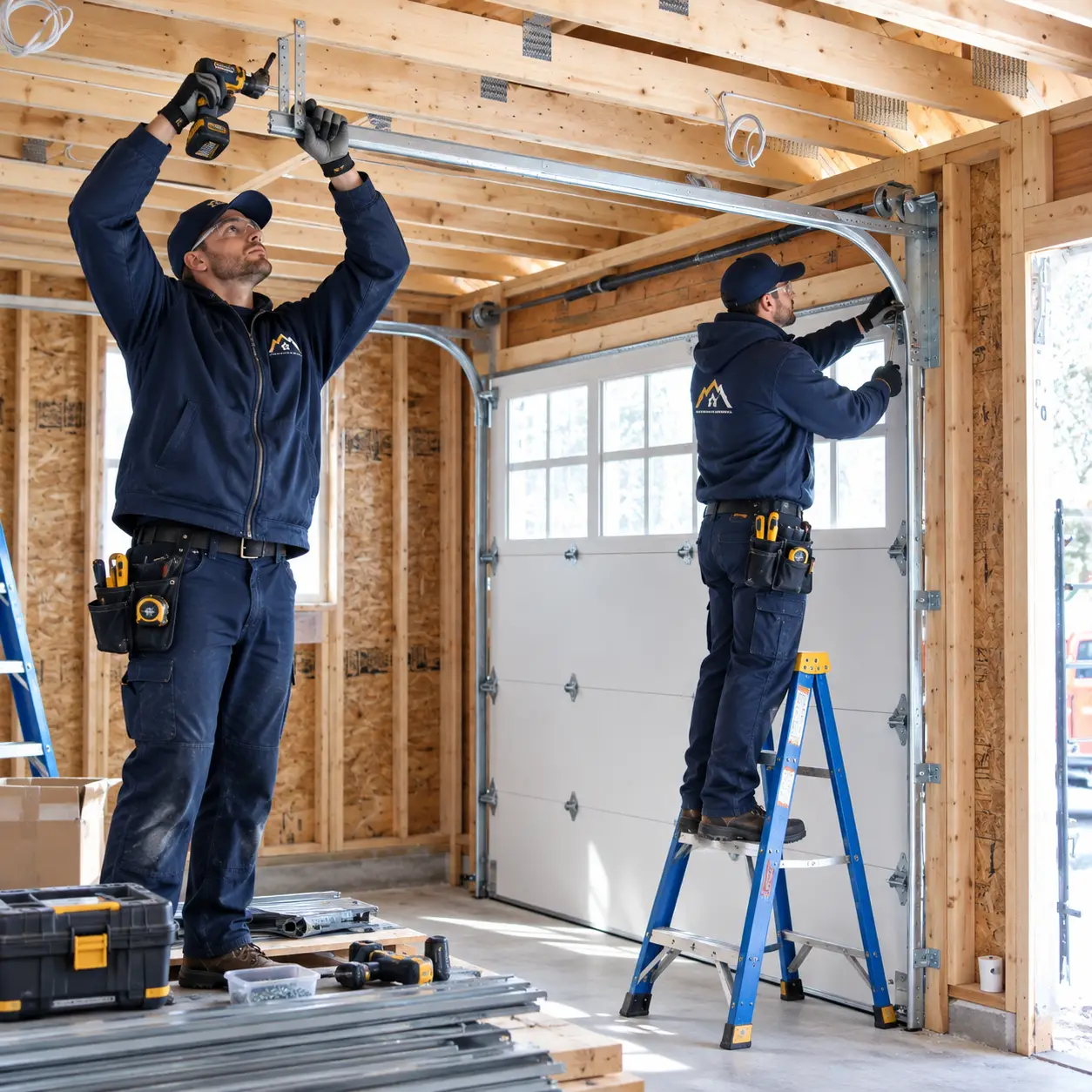 Technician repairing a residential garage door