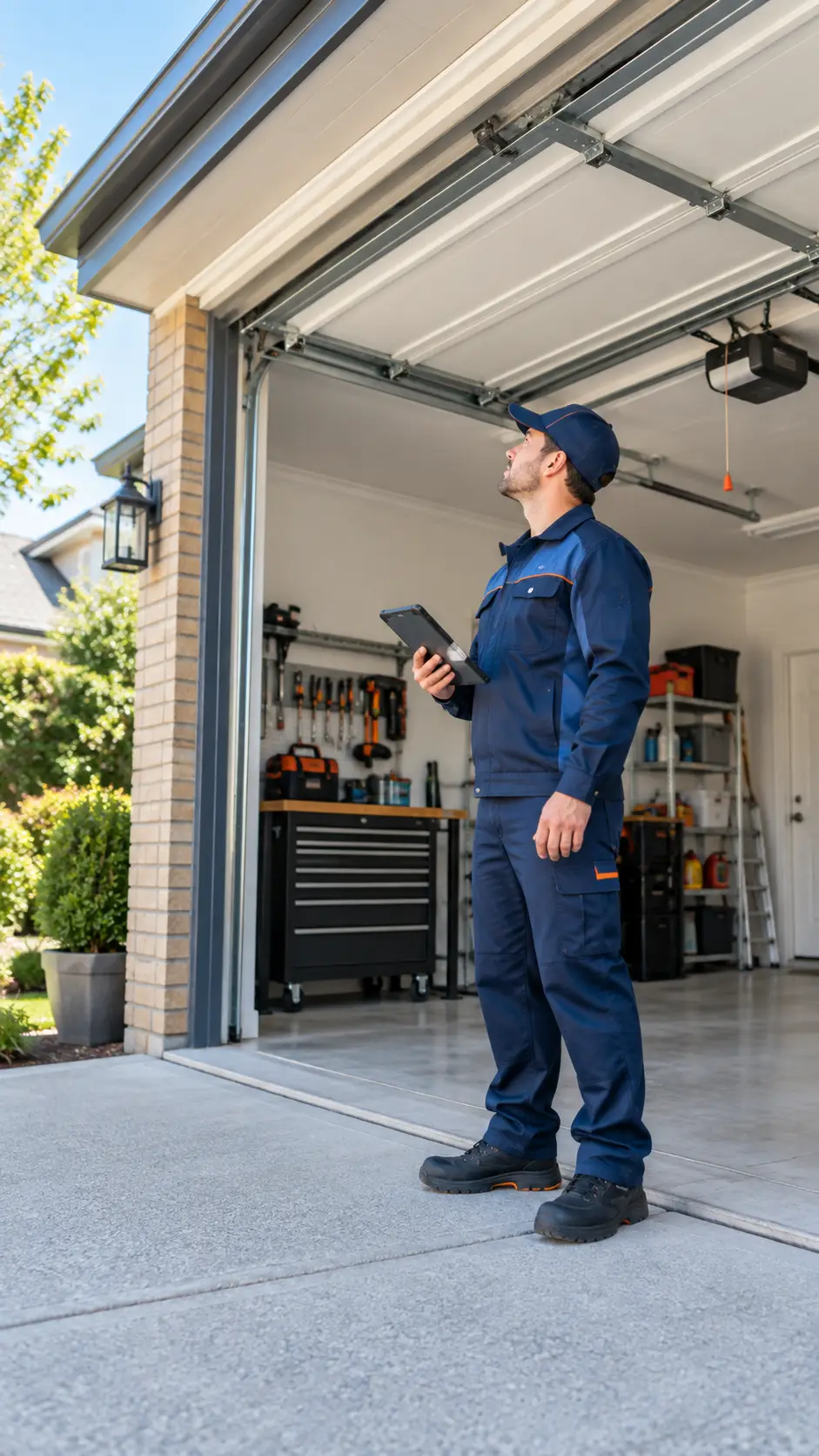 Technician inspecting a residential garage door system