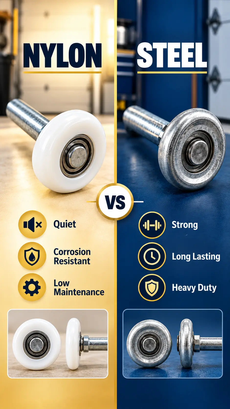 Technician comparing nylon and steel garage door rollers for proper fit in Hockley TX