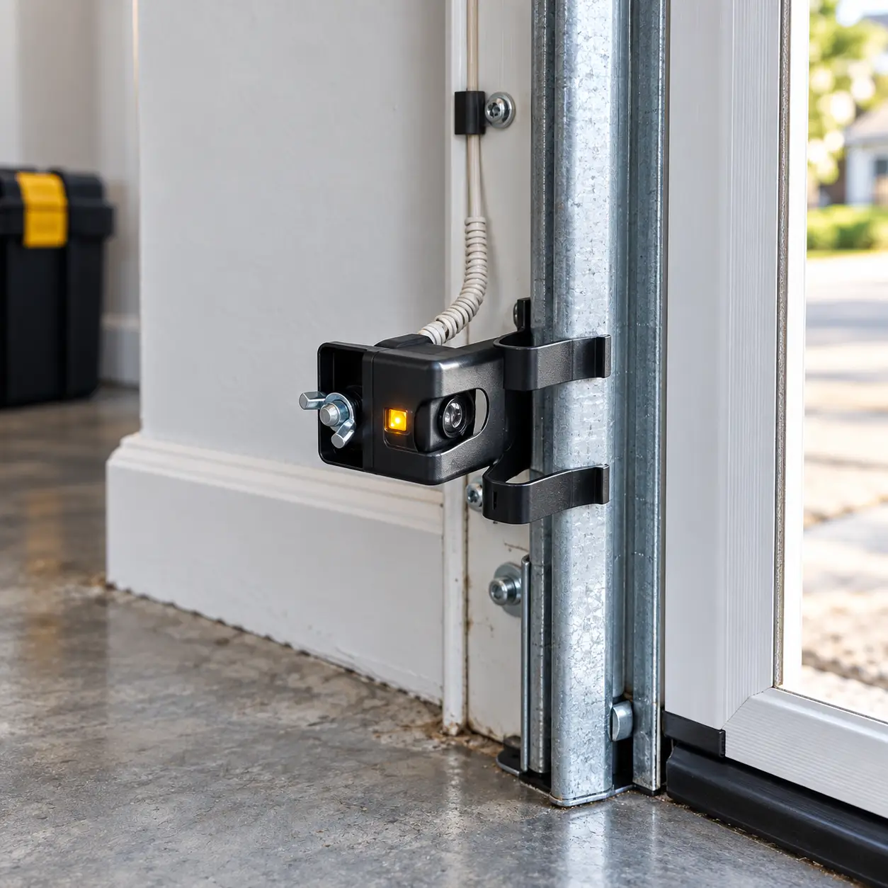 Technician testing garage door safety sensors balance and opener response during maintenance in Hockley TX