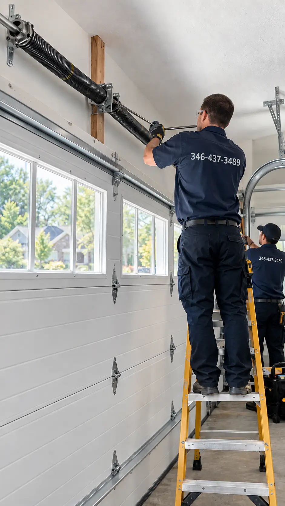Technician inspecting a garage door spring system for balanced movement in Hockley TX