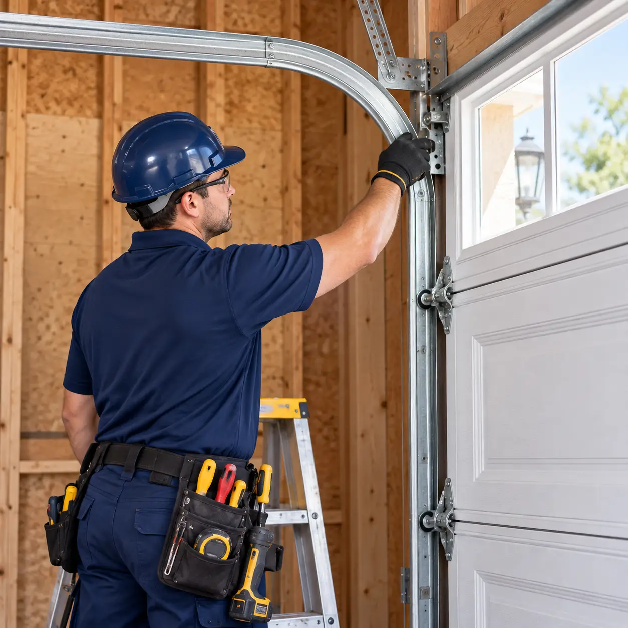 Technician inspecting vertical and horizontal garage door tracks and transition points in Hockley TX