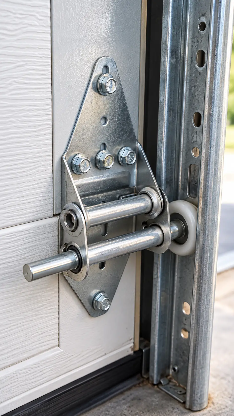 Technician examining garage door tracks rollers brackets and nearby hardware in Hockley TX