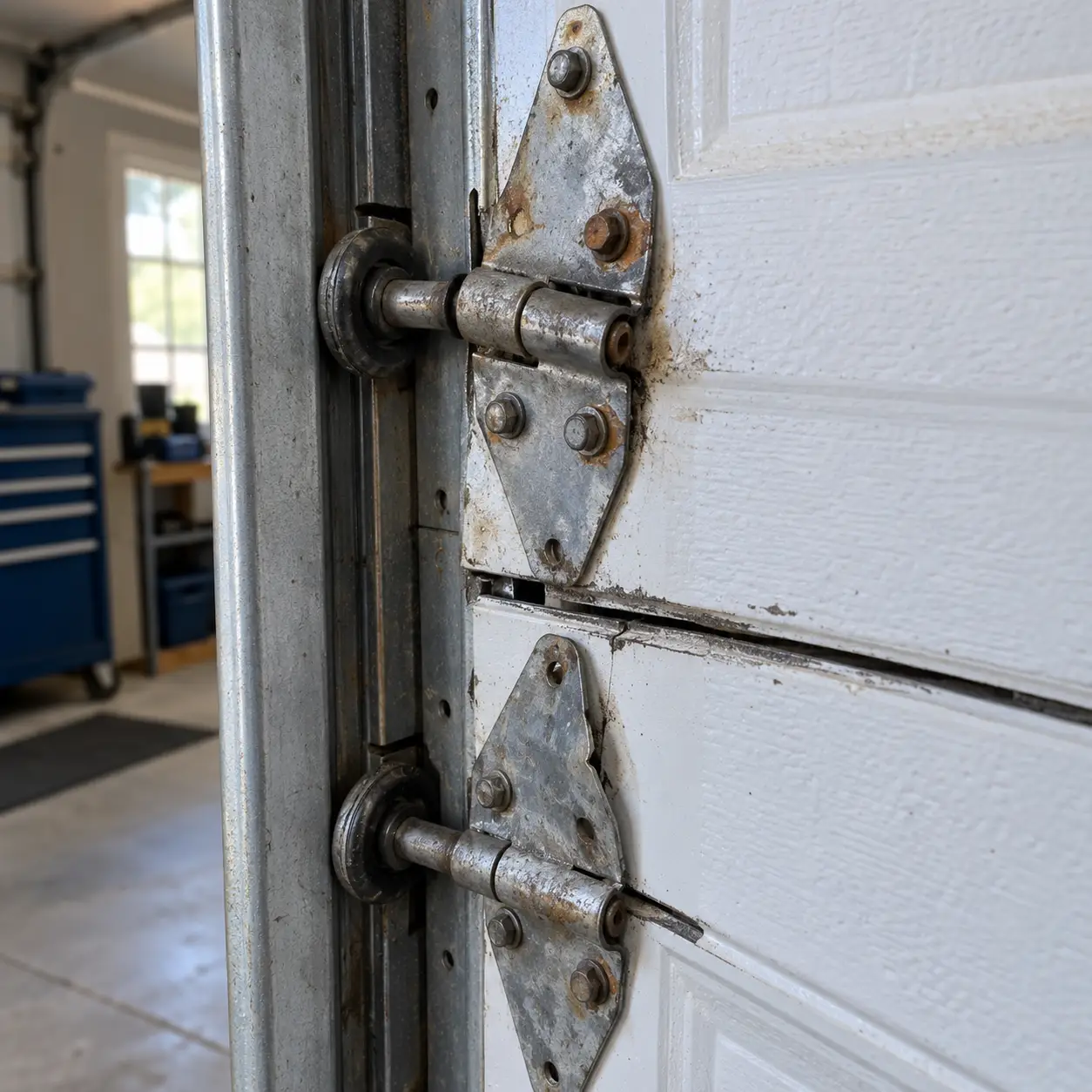 Damaged residential garage door before repair in Hockley TX
