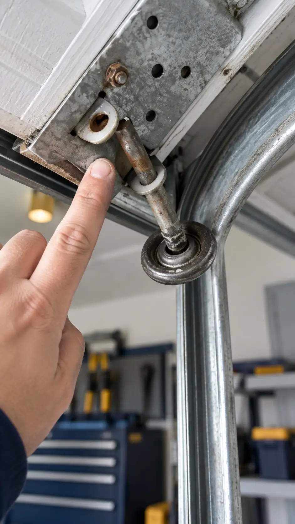 Technician inspecting noisy garage door rollers bearings hinges and track sections in Hockley TX