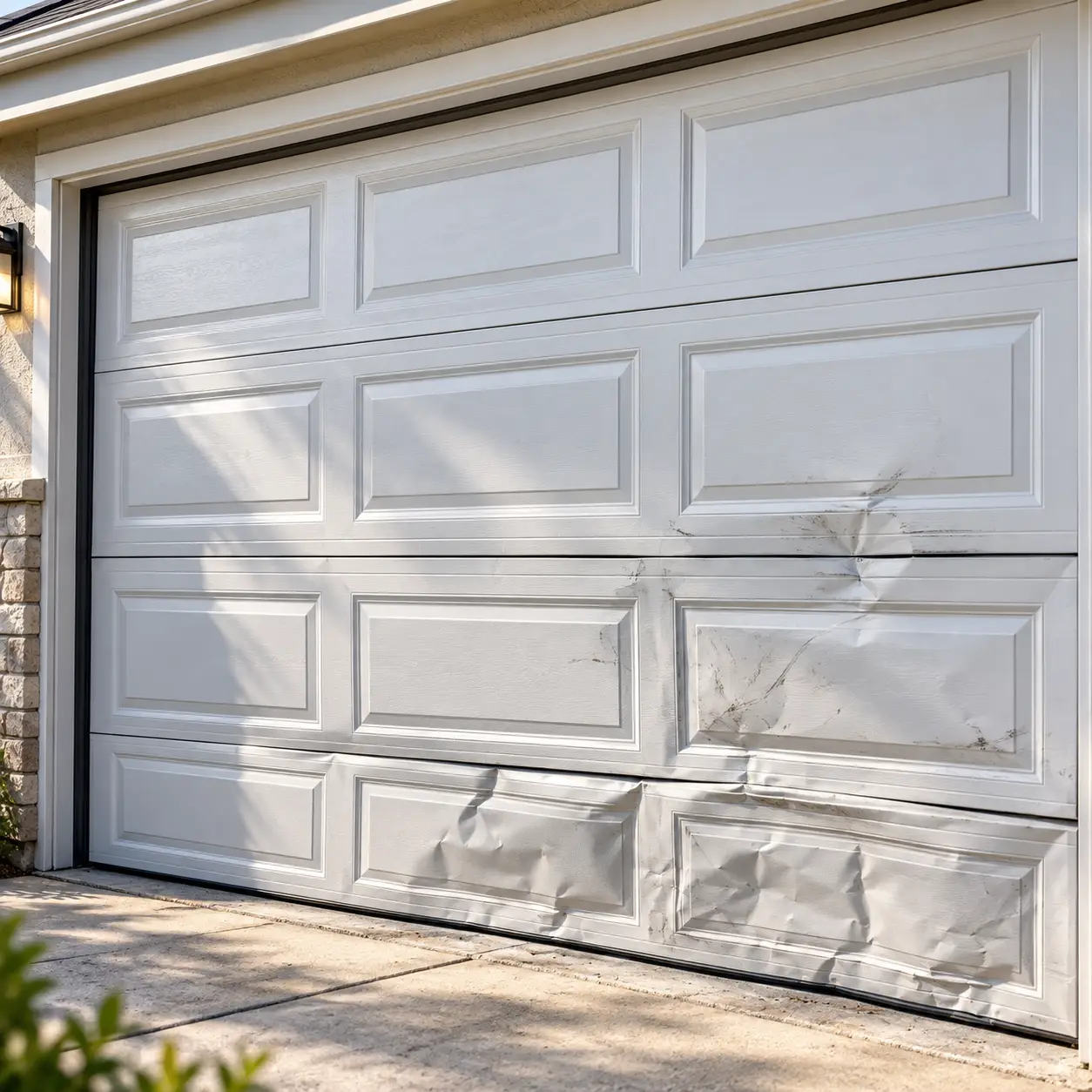 Damaged residential garage door before repair in Hockley TX