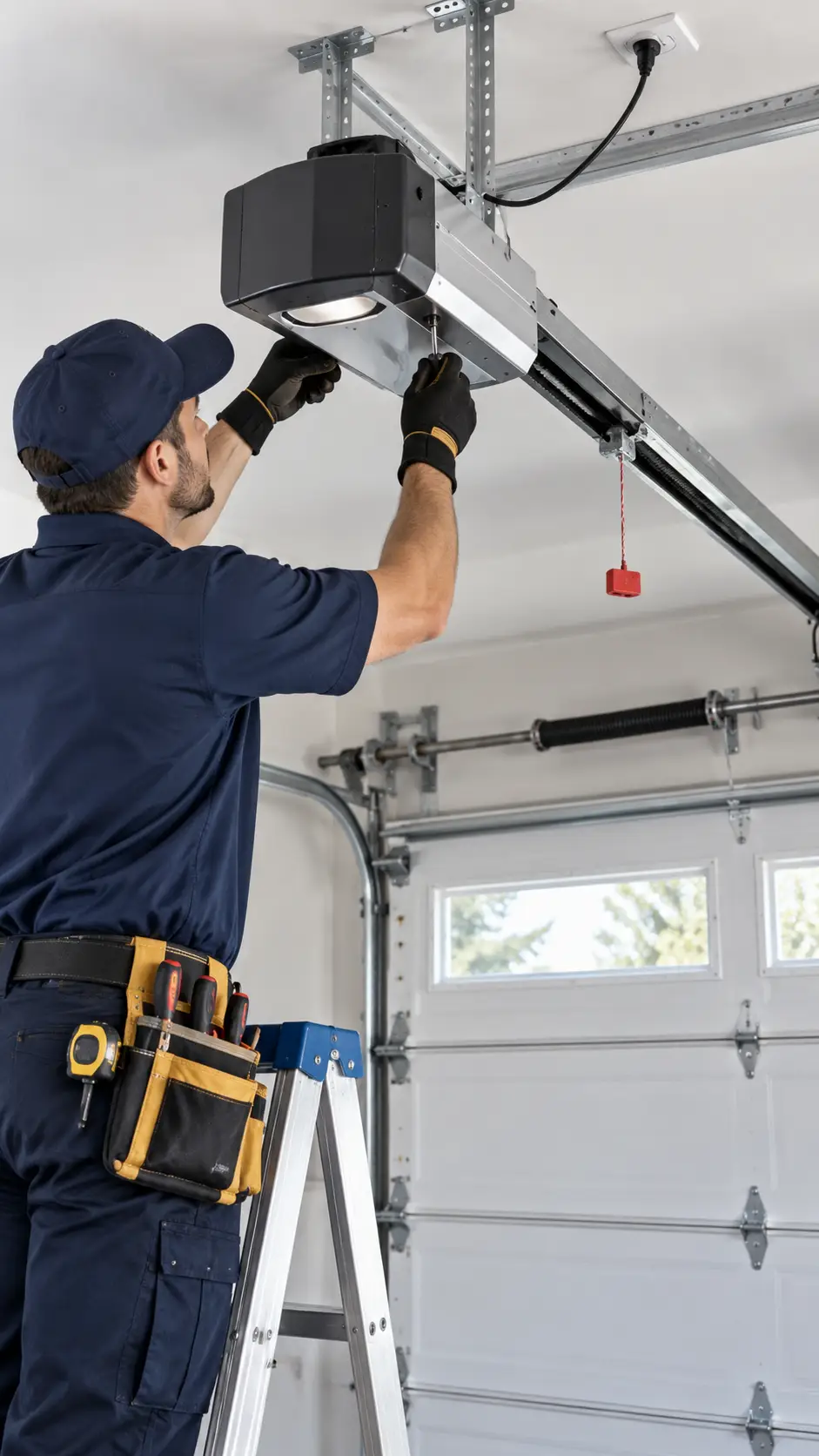 Technician performing preventive garage door maintenance and hardware checks in Hockley TX