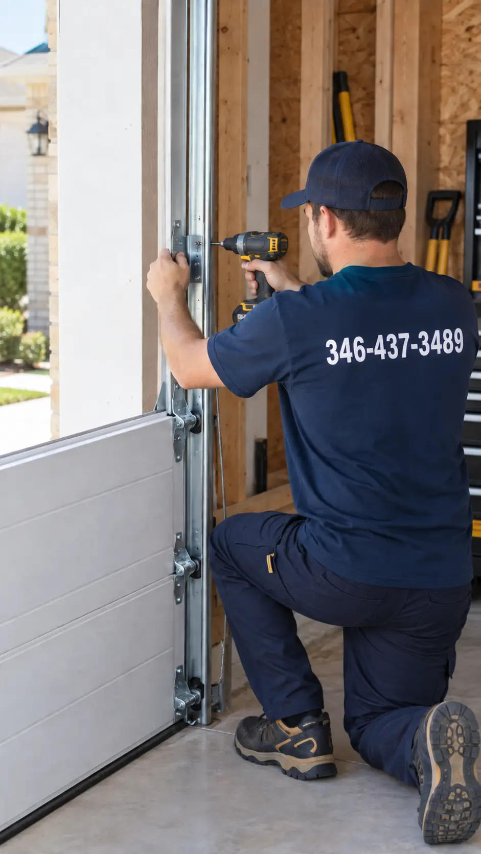 Technician installing residential garage door tracks hardware and panels in Hockley TX
