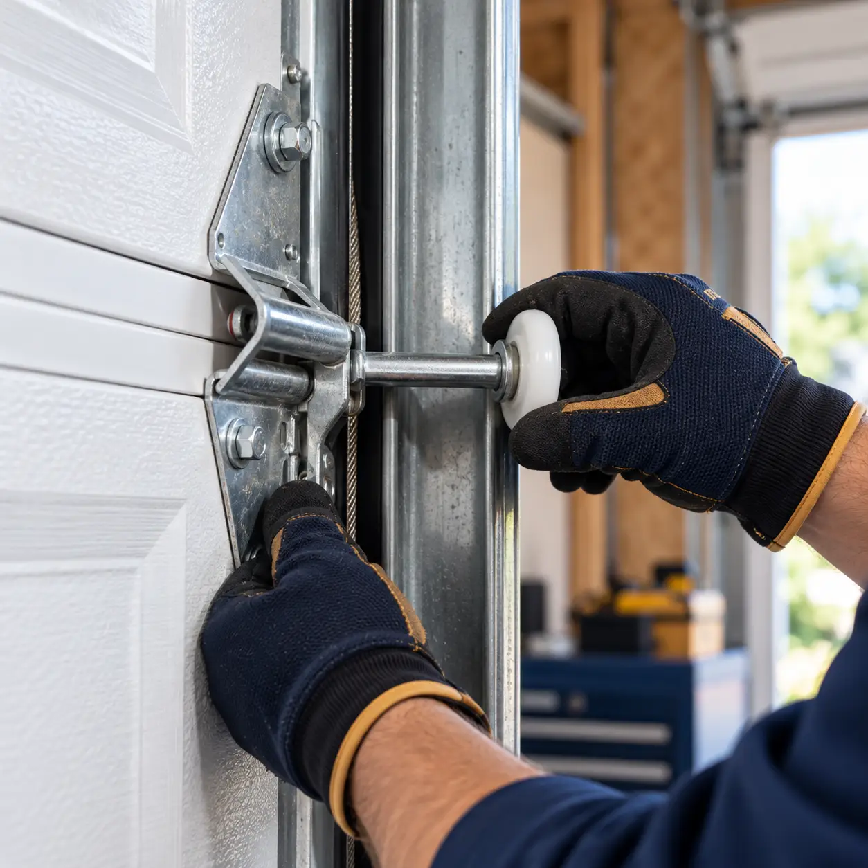 Technician inspecting residential garage door hardware rollers and tracks in Hockley TX