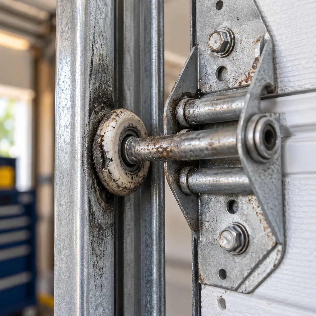 Damaged residential garage door before repair in Hockley TX