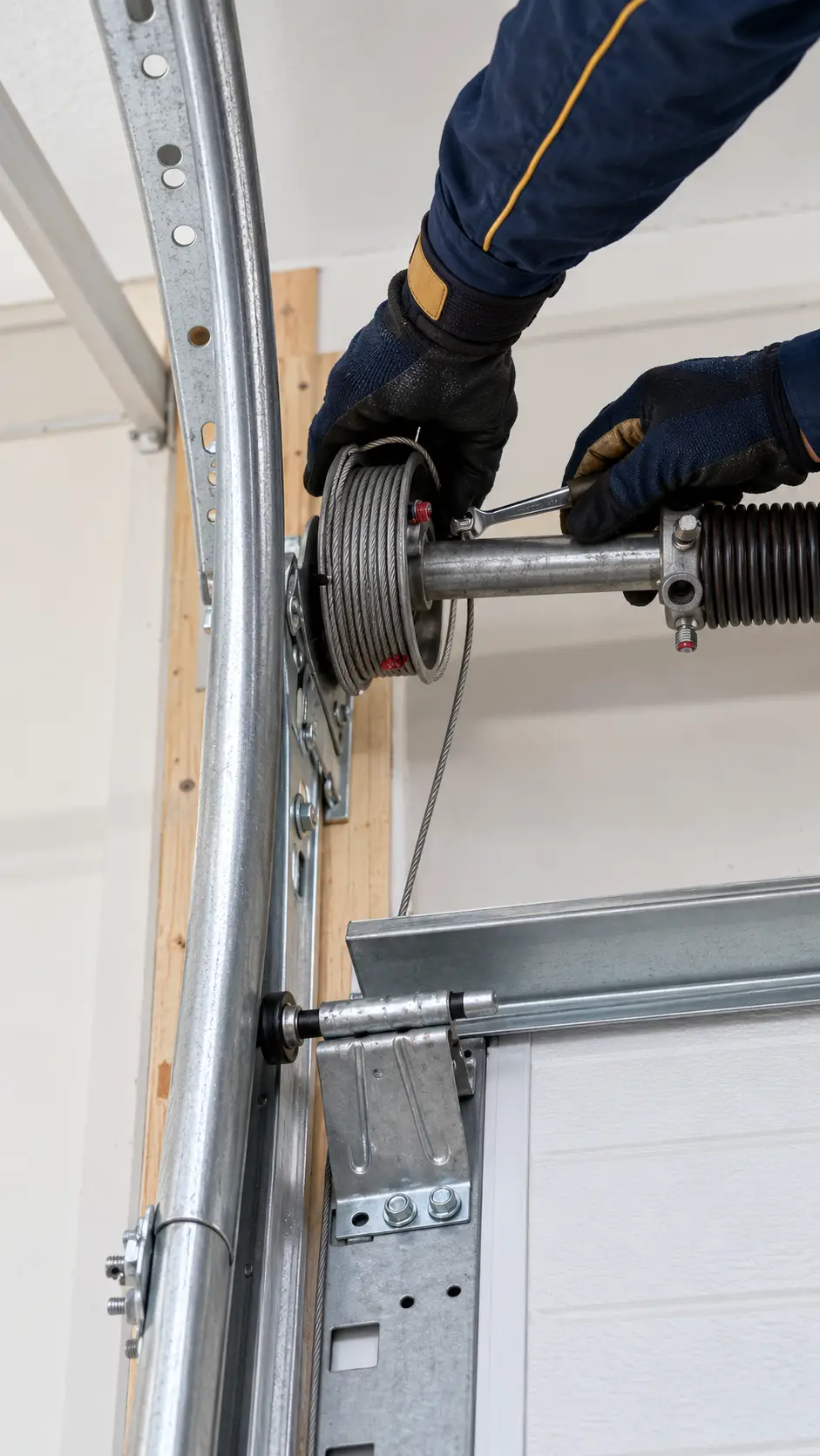 Technician checking garage door tracks rollers springs and cables during seasonal maintenance in Hockley TX