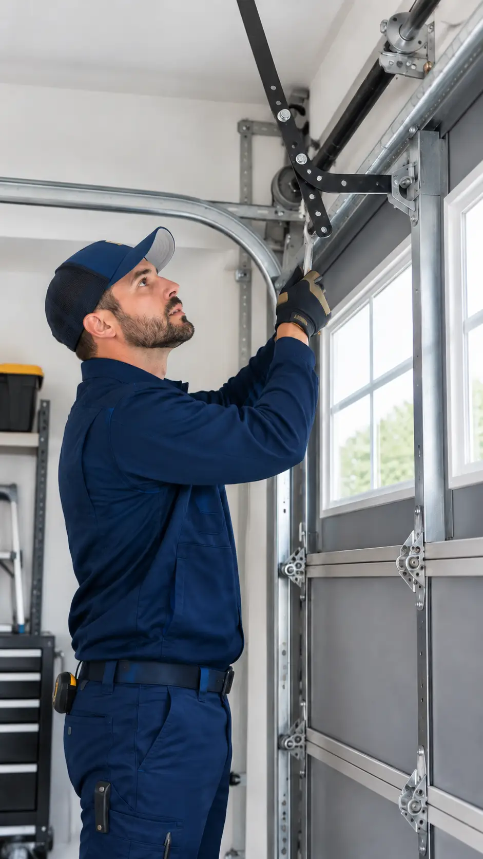 Technician inspecting garage door springs and lifting cables