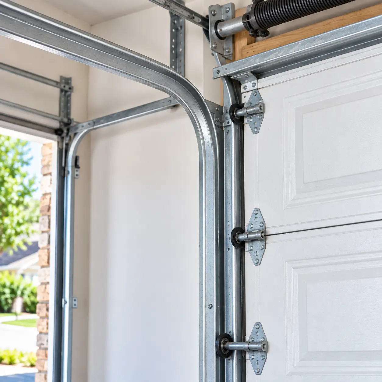 Residential garage door restored and aligned after repair in Hockley TX