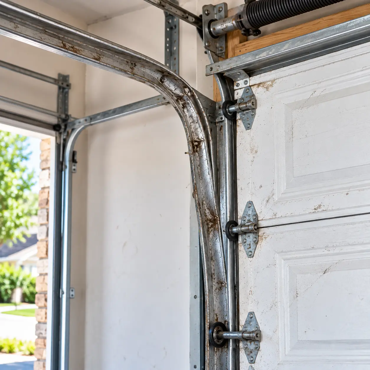 Damaged residential garage door before repair in Hockley TX