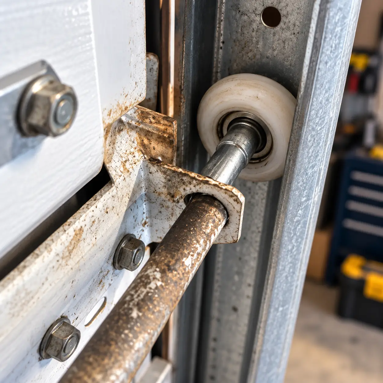 Technician inspecting worn garage door rollers hinges brackets and hardware in Hockley TX